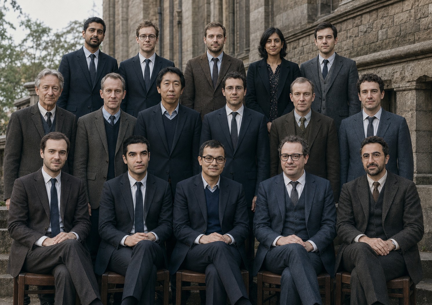 A synthetic illustration arranging fifteen modern AI researchers in a group portrait loosely echoing the 1927 Solvay photograph.